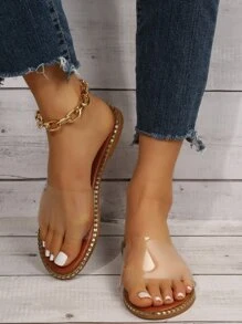 Fashionable Outdoors Flat Slippers for Women, Clear Single Band PVC Open Toe Slide Sandals - Brown - View 1