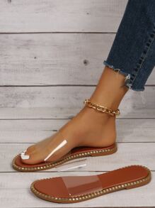 Fashionable Outdoors Flat Slippers for Women, Clear Single Band PVC Open Toe Slide Sandals - Brown - View 3