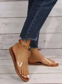 Fashionable Outdoors Flat Slippers for Women, Clear Single Band PVC Open Toe Slide Sandals - Brown - View 4