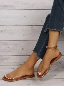 Fashionable Outdoors Flat Slippers for Women, Clear Single Band PVC Open Toe Slide Sandals - Brown - View 5