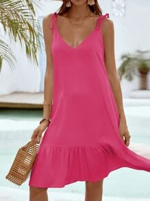 肩上打結荷葉邊罩衫連衣裙不附腰帶 - 玫紅色 - 查看 3