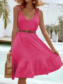 肩上打結荷葉邊罩衫連衣裙不附腰帶 - 玫紅色 - 查看 6