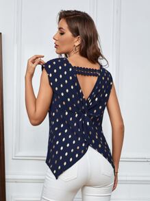 SHEIN LUNE Women Blouses Kontras Lace Memotong Polka Dot Casual - Navy Blue - View 7