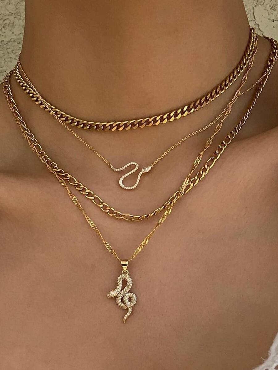 水鑽蛇吊墜多層次項鍊 - 金黃色 - 查看 1