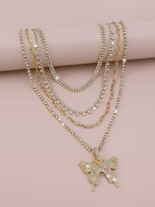 Rhinestone Butterfly Charm Layered Necklace - Yellow Gold - View 2