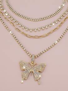 Rhinestone Butterfly Charm Layered Necklace - Yellow Gold - View 3