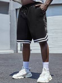 Manfinity Homme 男士佩斯利印花條紋飾邊腰部抽繩短褲 - 黑色 - 查看 1