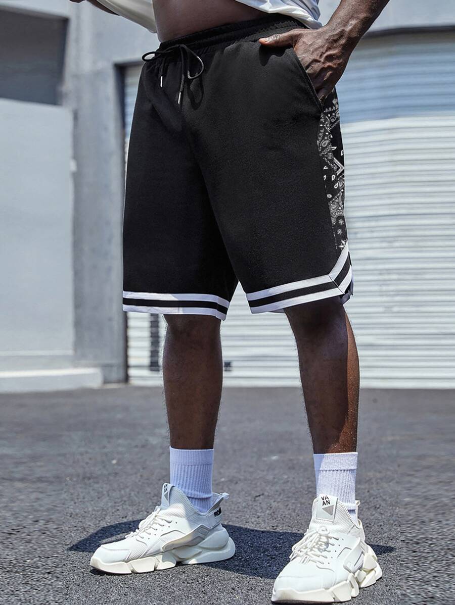 Manfinity Homme 男士佩斯利印花條紋飾邊腰部抽繩短褲 - 黑色 - 查看 1