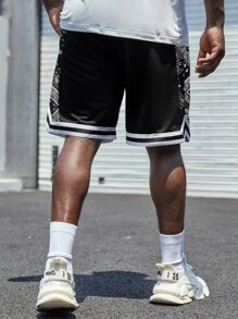 Manfinity Homme 男士佩斯利印花條紋飾邊腰部抽繩短褲 - 黑色 - 查看 2