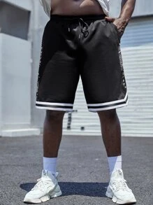 Manfinity Homme 男士佩斯利印花條紋飾邊腰部抽繩短褲 - 黑色 - 查看 4