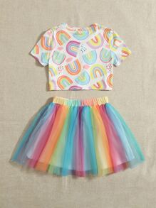 SHEIN Girls Rainbow Print Tee & Mesh Skirt - Multicolor - View 2