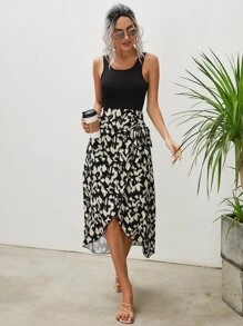 SHEIN Clasi Graphic Print Wrap Knot Side Dress - Black - View 1