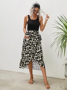 SHEIN Clasi Graphic Print Wrap Knot Side Dress - Black - View 4