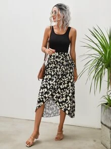 SHEIN Clasi Graphic Print Wrap Knot Side Dress - Black - View 5