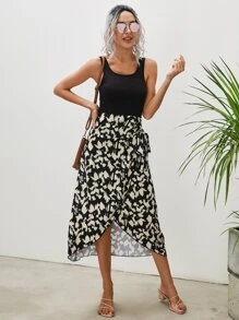 SHEIN Clasi Graphic Print Wrap Knot Side Dress - Black - View 7