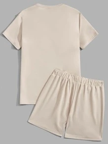 GENTILAND Men Letter Graphic Colourblock Tee & Drawstring Waist Shorts - Khaki - View 2