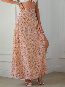 SHEIN Holidaya High Waist Floral Print Slit Skirt Maxi Vacation Beach Outfits Women - Multicolor - View 6