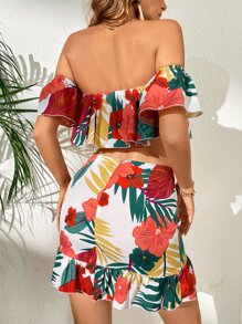 Top de hombros descubiertos con estampado tropical & Falda - Blanco - Ver 2