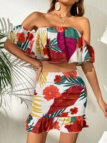 Top de hombros descubiertos con estampado tropical & Falda - Blanco - Ver 5