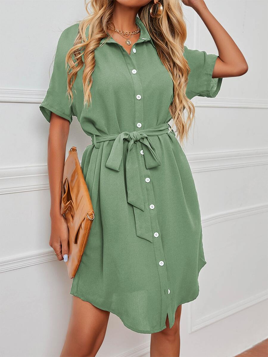 SHEIN LUNE Dolman Sleeve Belted Shirt Dress - Mint Green - View 1