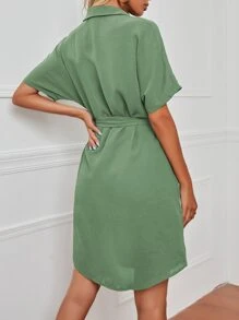 SHEIN LUNE Dolman Sleeve Belted Shirt Dress - Mint Green - View 2