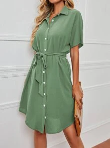 SHEIN LUNE Dolman Sleeve Belted Shirt Dress - Mint Green - View 4