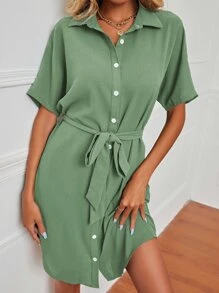 SHEIN LUNE Dolman Sleeve Belted Shirt Dress - Mint Green - View 6
