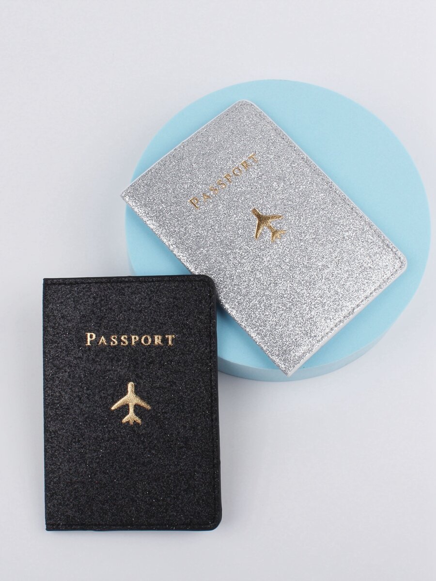 2pcs Couple Plane & Letter Graphic Passport Case - Multicolor - View 1