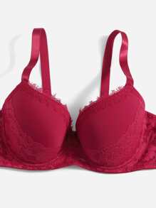 Plus Eyelash Lace Panel Push Up Bra - Red Violet - View 5