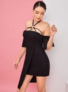 Desiree & Denise Ring Detail Tie Backless Halter Dress - Black - View 3