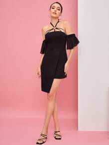 Desiree & Denise Ring Detail Tie Backless Halter Dress - Black - View 4