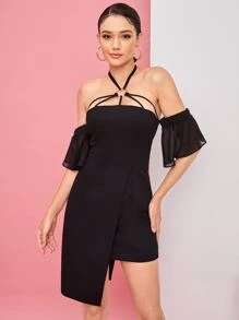 Desiree & Denise Ring Detail Tie Backless Halter Dress - Black - View 5