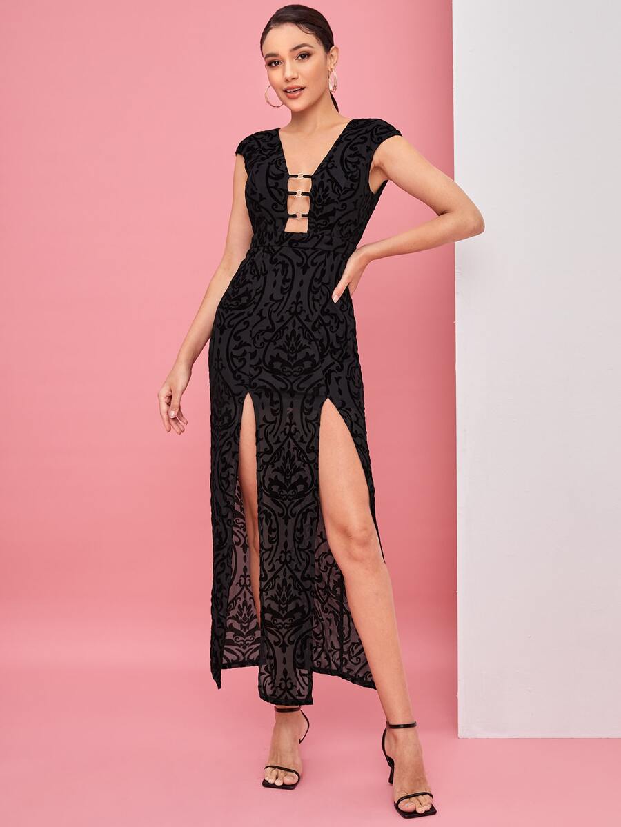Desiree & Denise Đầm Lộ Lưng Nhẫn Buộc lại Tách cao màu trơn Gợi cảm - màu đen - Xem 1