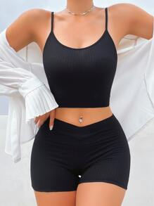 Solid Rib-knit Boyshorts Lingerie Set - Black - View 1