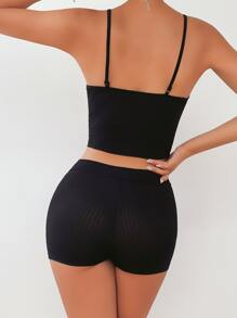 Solid Rib-knit Boyshorts Lingerie Set - Black - View 2