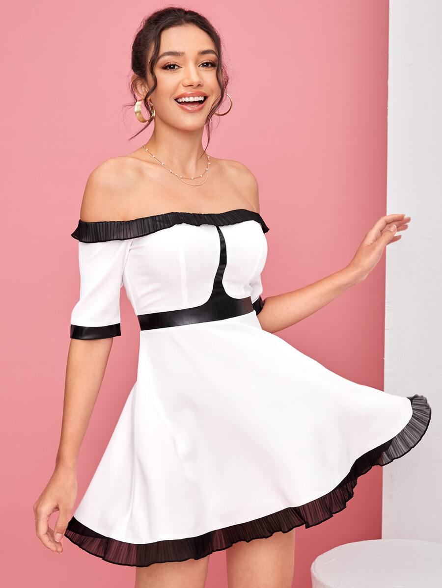 Desiree & Denise Colourblock Ruffle Trim Off Shoulder Dress - White - View 1