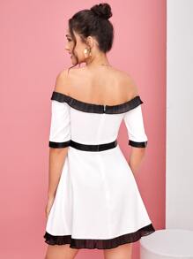 Desiree & Denise Colourblock Ruffle Trim Off Shoulder Dress - White - View 2