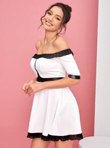 Desiree & Denise Colourblock Ruffle Trim Off Shoulder Dress - White - View 4