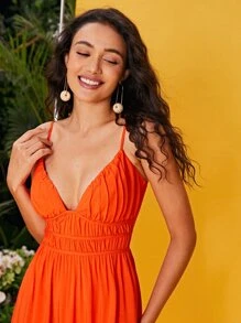 SHEIN VCAY Ruched Bust Asymmetrical Hem Cami Dress - Orange - View 3