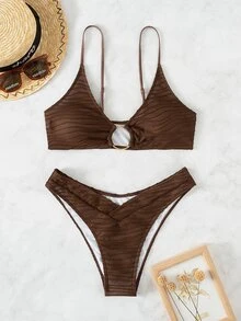 Textured O-Ring Linked Bikini Set Summer Beach - Chocolate Brown - View 3