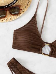 Textured O-Ring Linked Bikini Set Summer Beach - Chocolate Brown - View 4