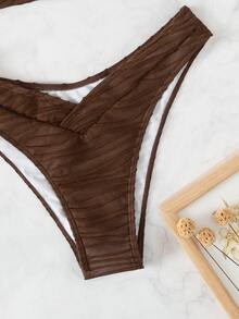 Textured O-Ring Linked Bikini Set Summer Beach - Chocolate Brown - View 5