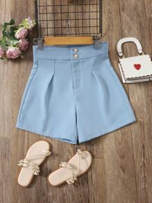 SHEIN Girls Zip Fly Straight Leg Shorts - Baby Blue - View 1