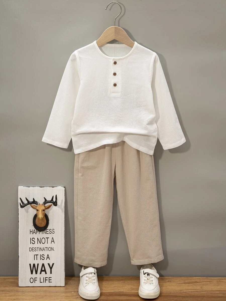 SHEIN Young Boy Button Half Placket Tee & Pants