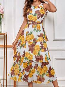 SHEIN LUNE Vestido con estampado floral bajo a capas de gasa - Multicolor - Ver 1
