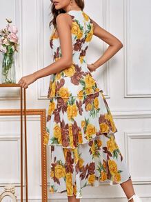 SHEIN LUNE Vestido con estampado floral bajo a capas de gasa - Multicolor - Ver 2