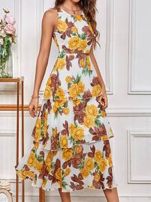 SHEIN LUNE Vestido con estampado floral bajo a capas de gasa - Multicolor - Ver 3