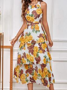 SHEIN LUNE Vestido con estampado floral bajo a capas de gasa - Multicolor - Ver 4