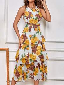 SHEIN LUNE Vestido con estampado floral bajo a capas de gasa - Multicolor - Ver 5