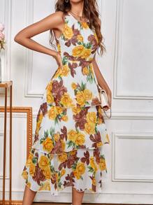 SHEIN LUNE Vestido con estampado floral bajo a capas de gasa - Multicolor - Ver 6